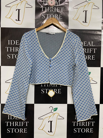 ZARA  | L| BUST 19| A70| BLUE GEOMETRIC PRINT CROP CARDIGAN