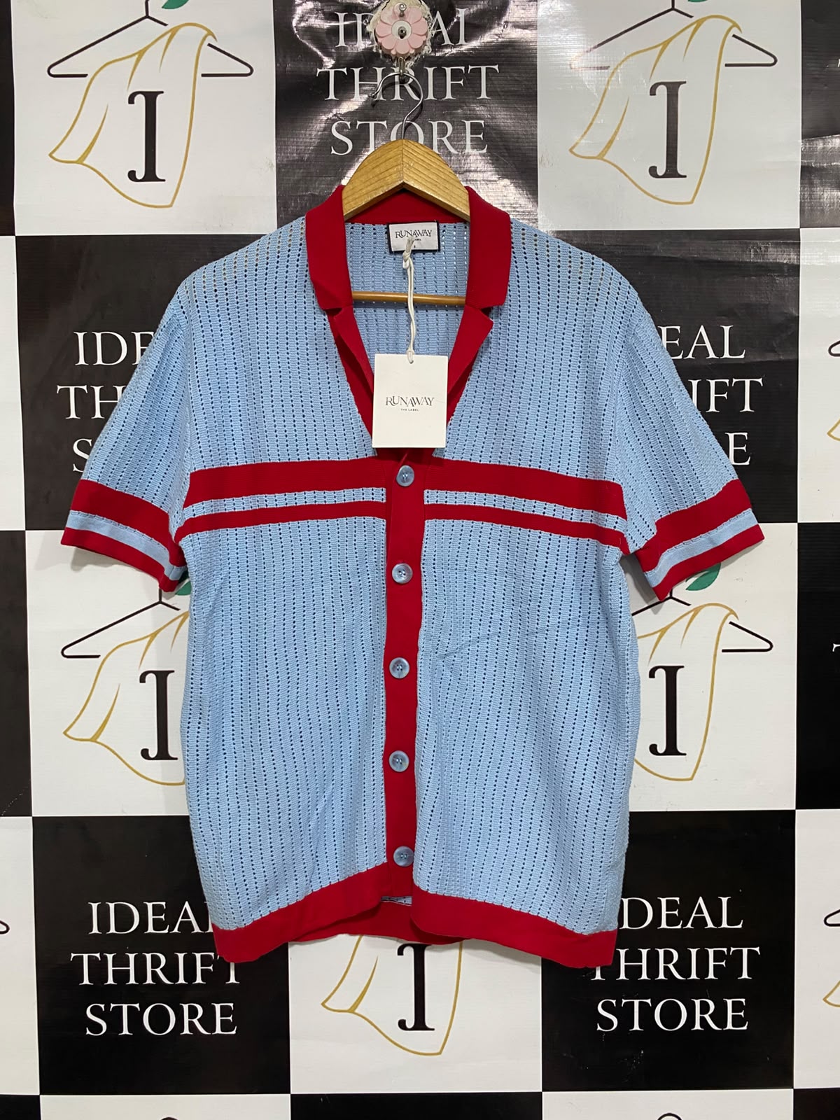 RUNAWAY  | S| BUST 20 | A70| THE LABEL BLUE & RED CONTRAST KNIT POLO TOP