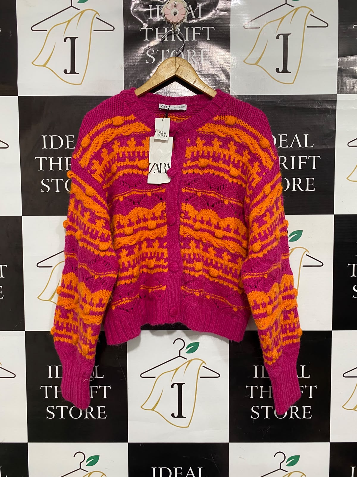 ZARA |L | BUST 23 | A70|  PINK & ORANGE PATTERNED TEXTURED KNIT CARDIGAN