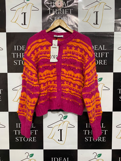 ZARA |L | BUST 23 | A70|  PINK & ORANGE PATTERNED TEXTURED KNIT CARDIGAN