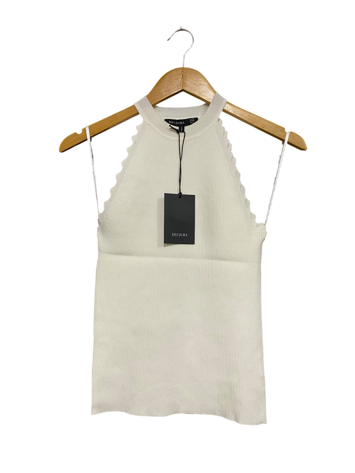 DECJUBA |XS | BUST 12| A70 |  OFF-WHITE RIBBED HALTER-NECK SCALLOPED KNIT TOP