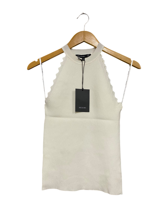DECJUBA |XS | BUST 12| A70 |  OFF-WHITE RIBBED HALTER-NECK SCALLOPED KNIT TOP