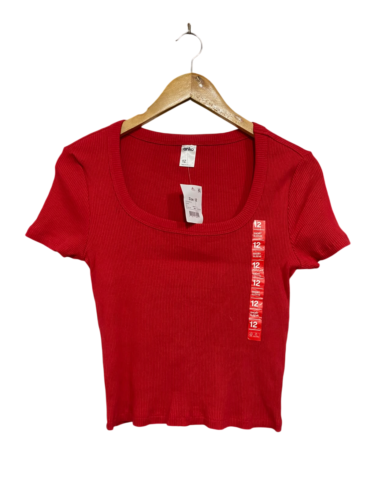 ANKO | M| BUST 15| A70 |  RED RIBBED SCOOP-NECK SHORT-SLEEVE TOP