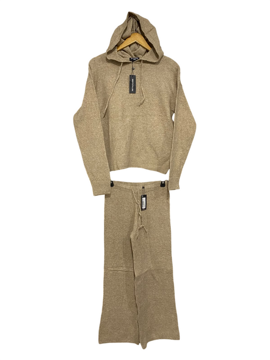 PRETTYLITTLETHING |S | A70| PETITE OATMEAL KNIT HOODIE AND WIDE-LEG PANTS LOUNGE SET