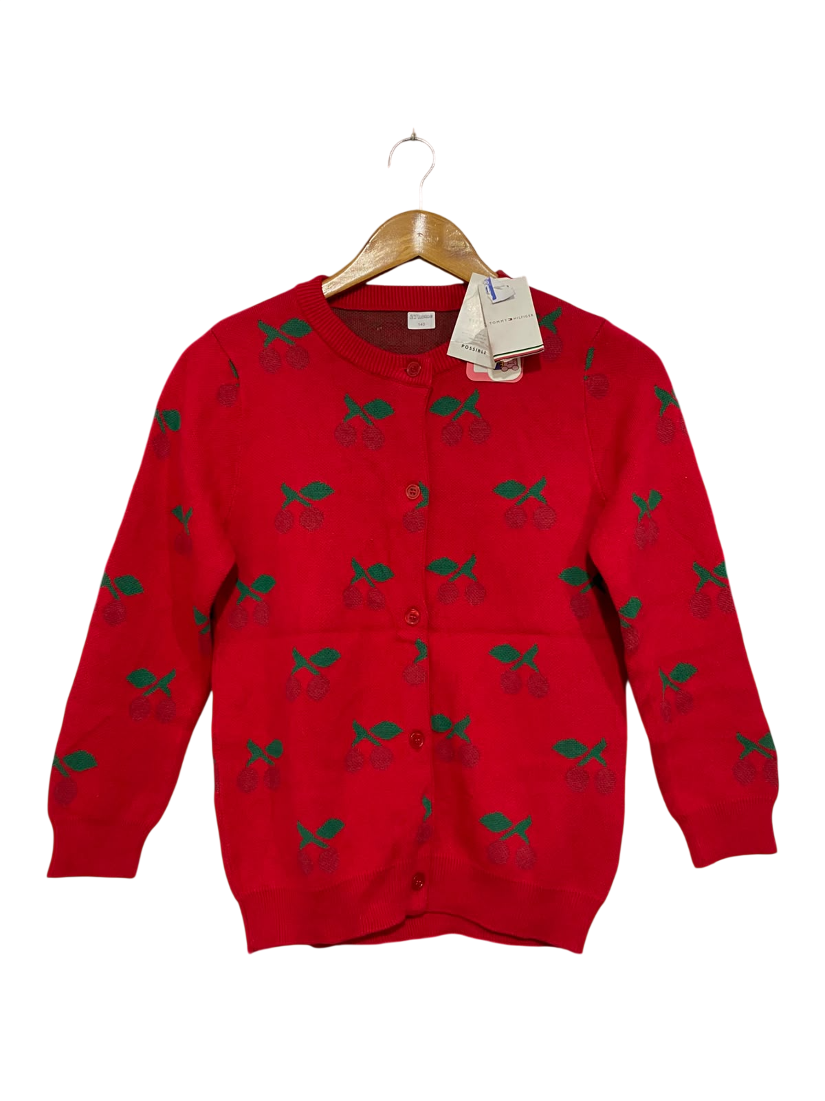 TOMMY HILFIGER |S | BUST 16 | A71 | RED CHERRY-PRINT BUTTON-UP LONG-SLEEVE KNIT CARDIGAN