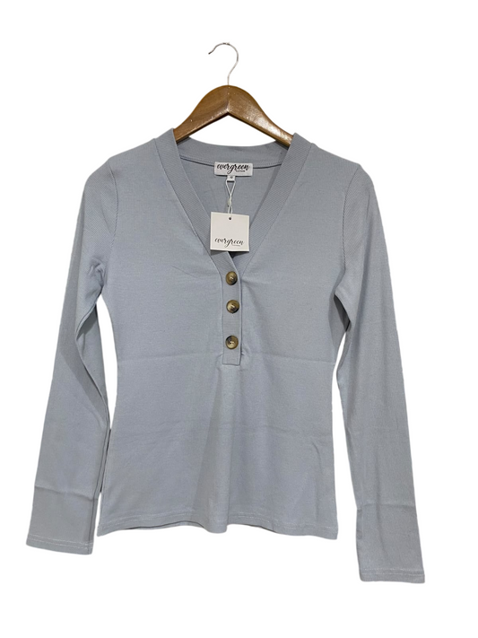 EVERGREEN  |M | BUST 17 | A71 | CLOTHING LIGHT BLUE RIBBED V-NECK HENLEY LONG-SLEEVE TOP