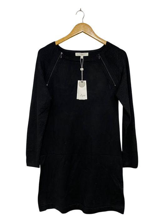 RIPE |L | BUST 16| A71 |  BLACK SHOULDER-ZIP LONG-SLEEVE KNIT DRESS