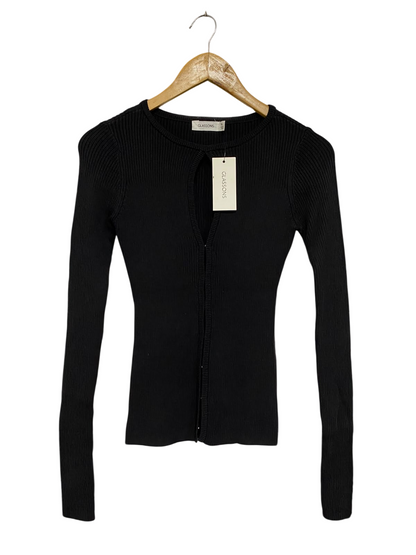 GLASSONS |M | BUST 13| A71 |  BLACK RIBBED ZIP-FRONT KEYHOLE LONG-SLEEVE TOP