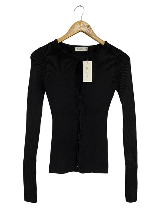 GLASSONS |M | BUST 13| A71 |  BLACK RIBBED ZIP-FRONT KEYHOLE LONG-SLEEVE TOP
