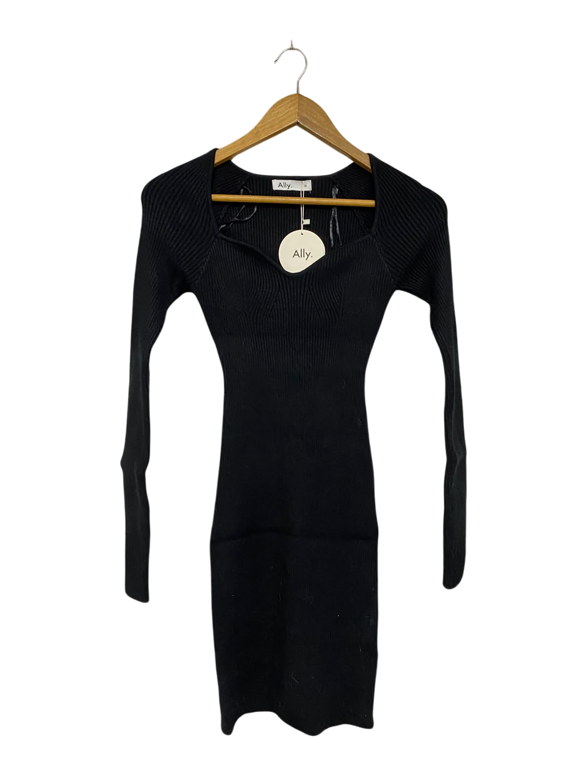 ALLY.  |XS | BUST 12| A71 | BLACK RIBBED SWEETHEART NECKLINE LONG-SLEEVE KNIT DRESS