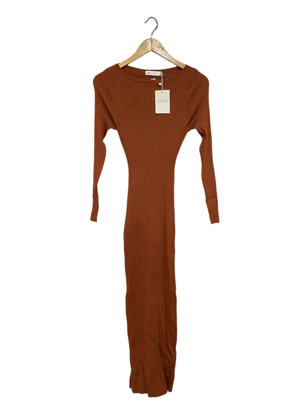 FRUNWAY  |L | BUST 12 |A71 | RUST BROWN RIBBED CREW-NECK LONG-SLEEVE MIDI DRESS