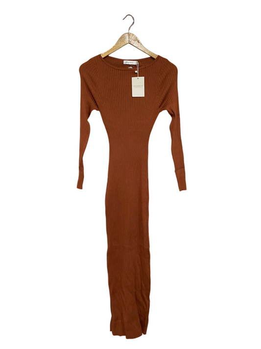 FRUNWAY  |L | BUST 12 |A71 | RUST BROWN RIBBED CREW-NECK LONG-SLEEVE MIDI DRESS