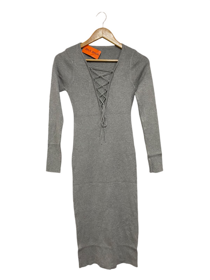 DIVI DIVA |S | BUST 13 |A71 |  GREY LACE-UP FRONT KNIT MIDI DRESS