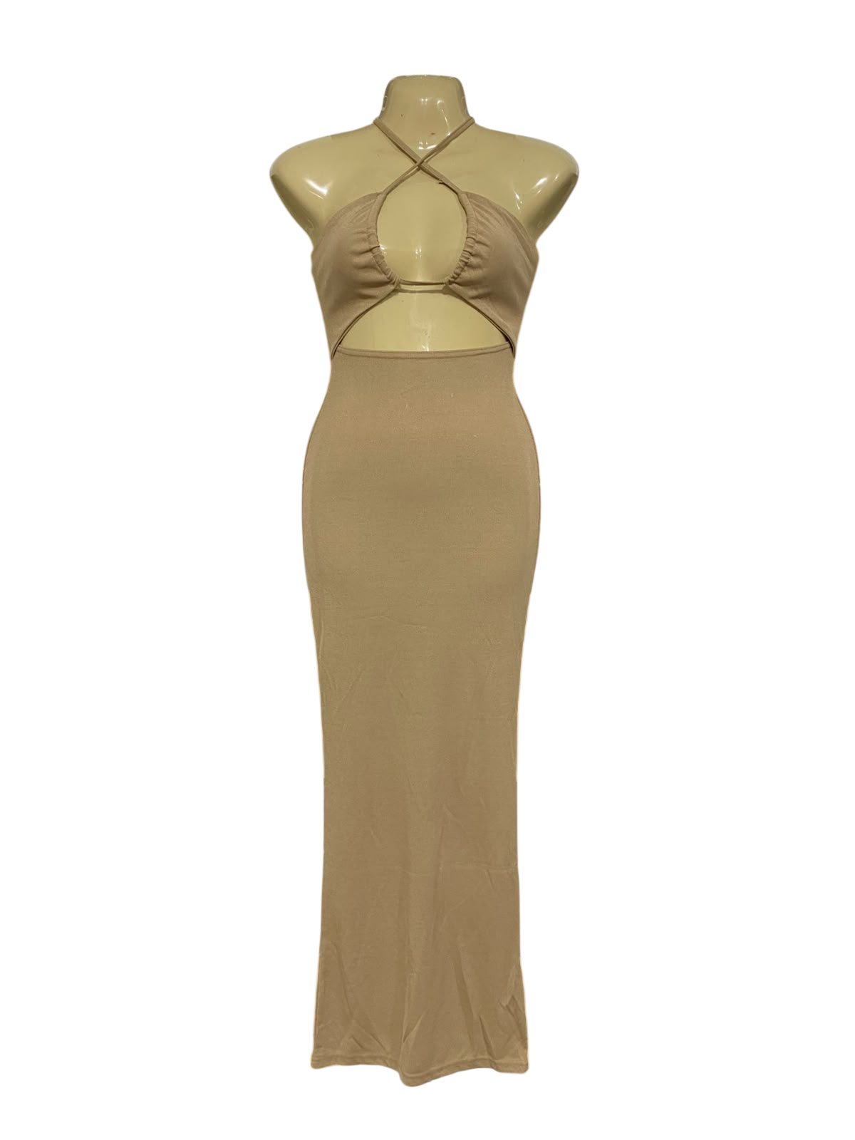 MESHKI |XS| BUST  |A71 |  BEIGE HALTER CUTOUT MAXI DRESS