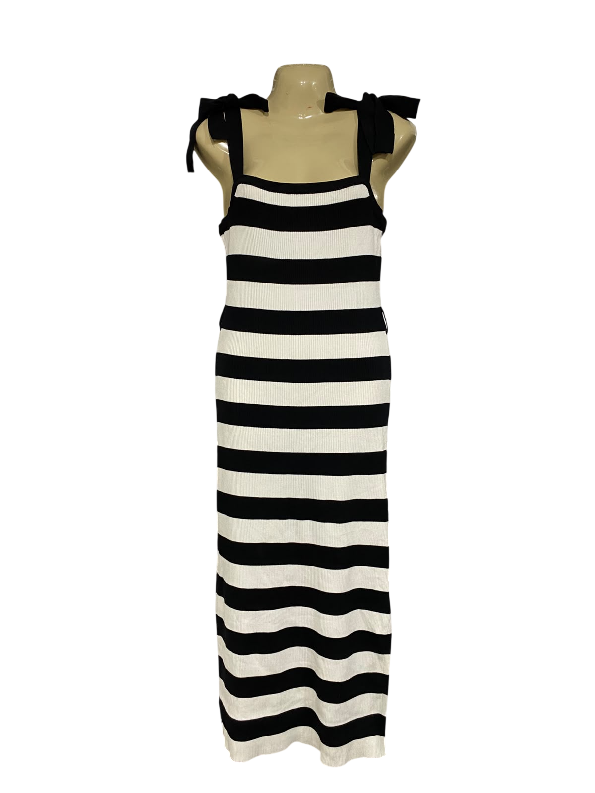 DOTTI  |M | BUST 15 |A71 | BLACK AND WHITE STRIPED TIE-STRAP KNIT DRESS