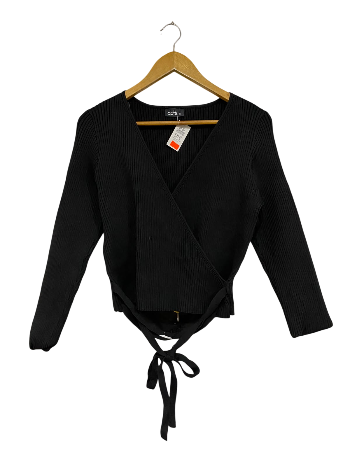 DOTTI |XL | BUST 18 |A71 |  BLACK RIBBED WRAP TIE-FRONT LONG-SLEEVE TOP
