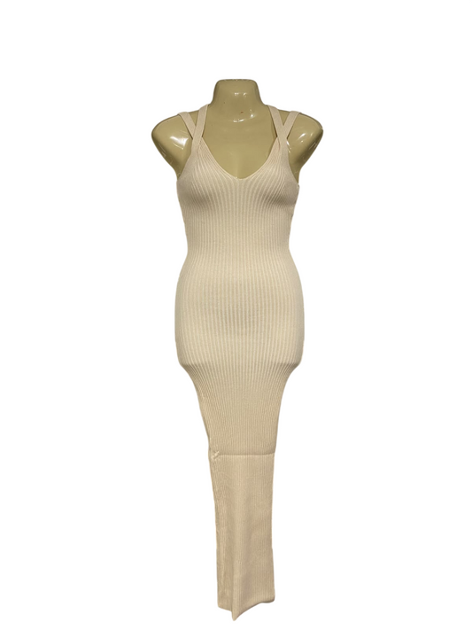 KOOKAI |S | BUST 15 |A71 |  BEIGE RIBBED KNIT MIDI DRESS
