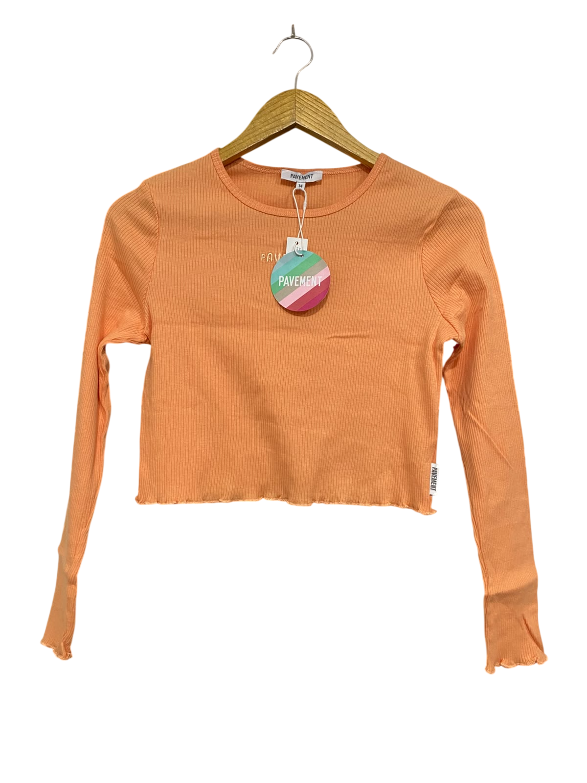 PAVEMENT  |S | BUST 15  |A71 | PEACH RIBBED LETTUCE-TRIM LONG-SLEEVE CROP TOP