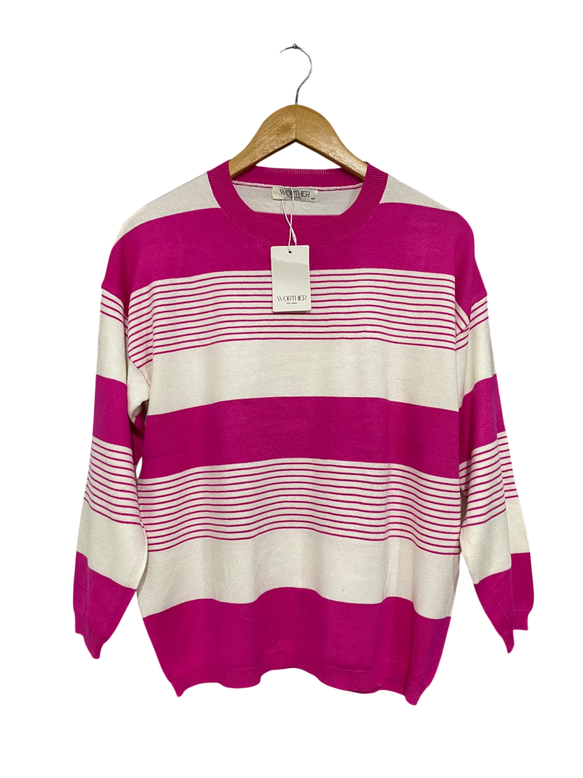 WORTHIER THE LABEL |S/M | BUST 21  |A71 |  PINK & WHITE STRIPED KNIT SWEATER