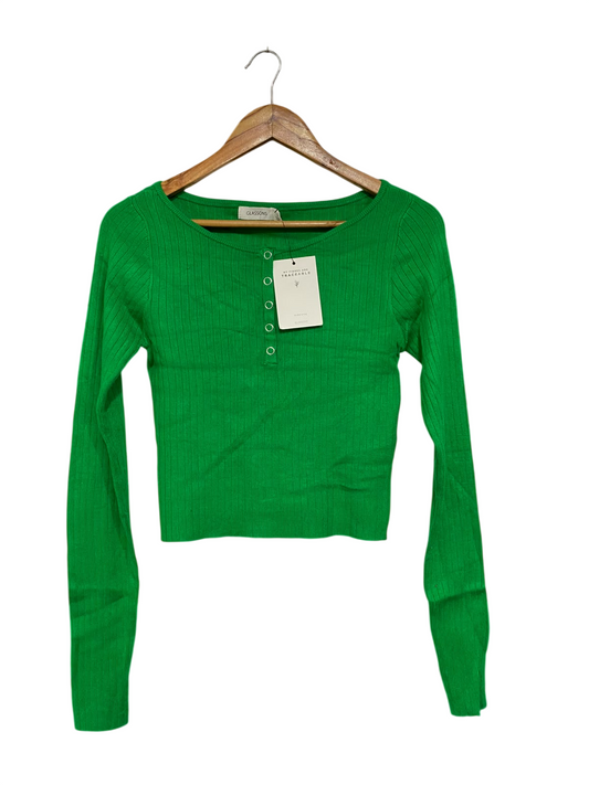 GLASSONS |L | BUST 15 |A71 | GREEN RIBBED HENLEY LONG-SLEEVE TOP