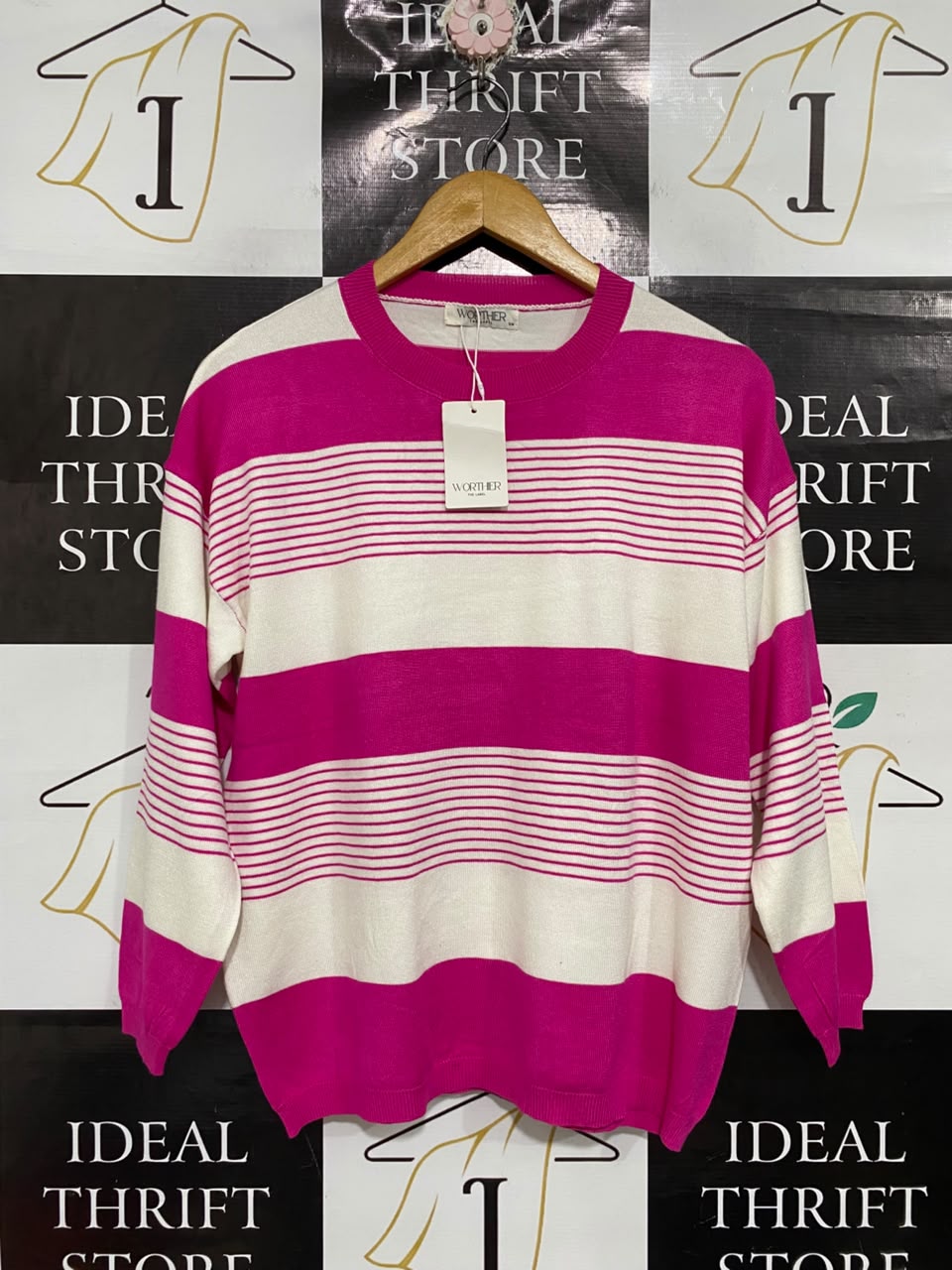 WORTHIER THE LABEL |S/M | BUST 21  |A71 |  PINK & WHITE STRIPED KNIT SWEATER