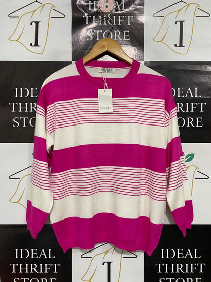 WORTHIER THE LABEL |S/M | BUST 21  |A71 |  PINK & WHITE STRIPED KNIT SWEATER