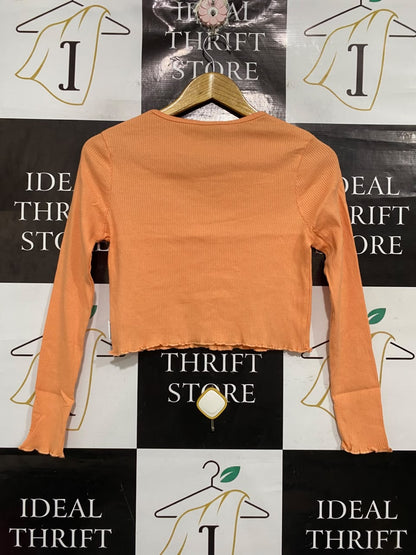 PAVEMENT  |S | BUST 15  |A71 | PEACH RIBBED LETTUCE-TRIM LONG-SLEEVE CROP TOP
