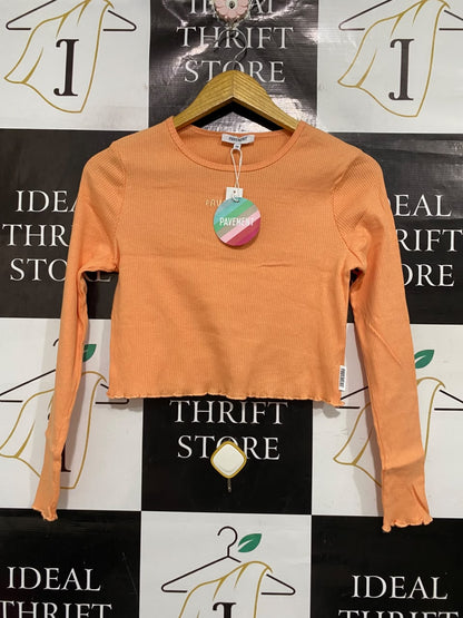 PAVEMENT  |S | BUST 15  |A71 | PEACH RIBBED LETTUCE-TRIM LONG-SLEEVE CROP TOP