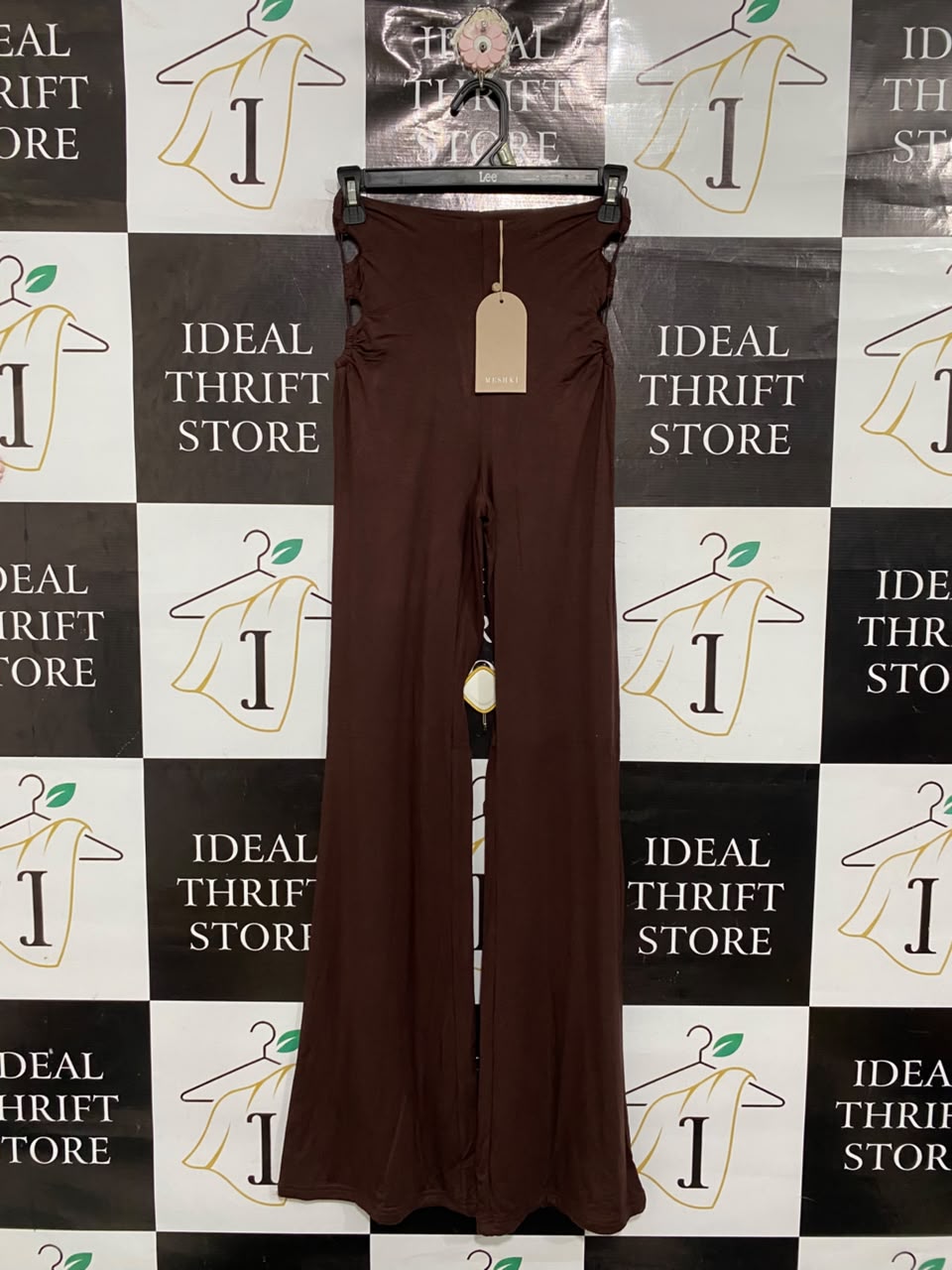 MESHKI  |XS | WAIST 24  |A71 | BROWN CUT-OUT WAIST FLARED TROUSERS