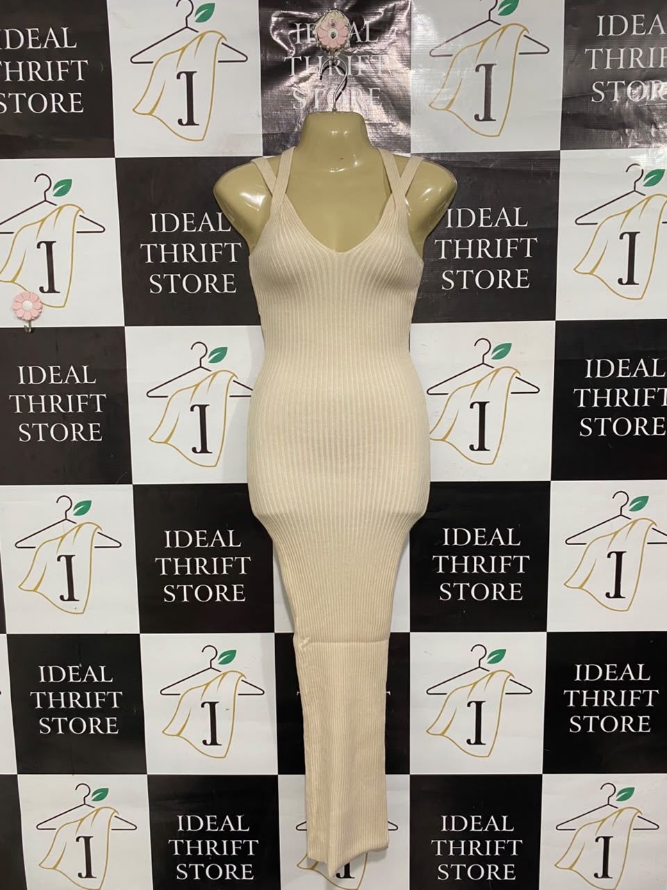 KOOKAI |S | BUST 15 |A71 |  BEIGE RIBBED KNIT MIDI DRESS