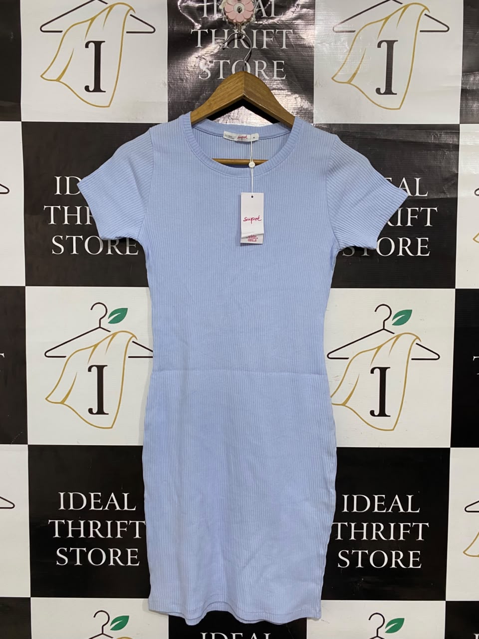 SUPRÉ |M | BUST 14 |A71 |  LIGHT BLUE RIBBED CREW-NECK MINI DRESS