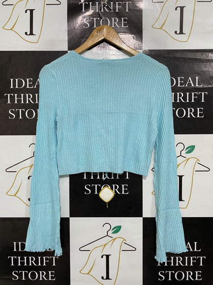 LILY LOVES |S | BUST 16 |A71 |  LIGHT BLUE RIBBED TIE-FRONT CROPPED TOP