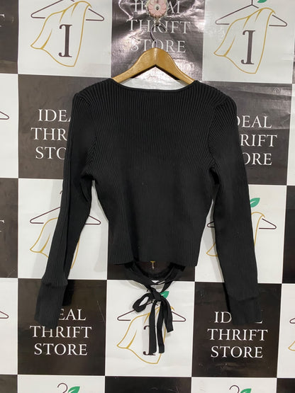 DOTTI |XL | BUST 18 |A71 |  BLACK RIBBED WRAP TIE-FRONT LONG-SLEEVE TOP