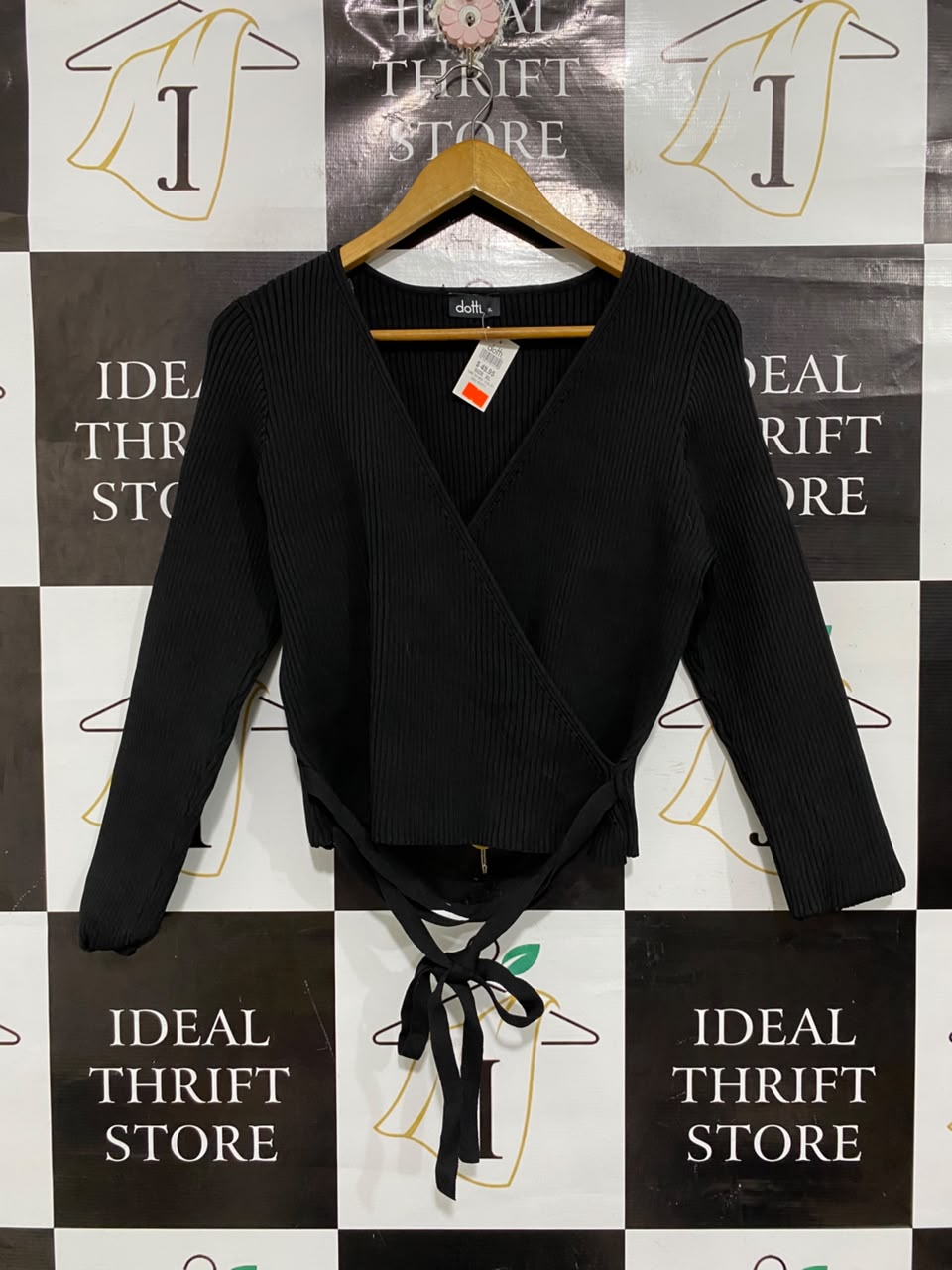 DOTTI |XL | BUST 18 |A71 |  BLACK RIBBED WRAP TIE-FRONT LONG-SLEEVE TOP