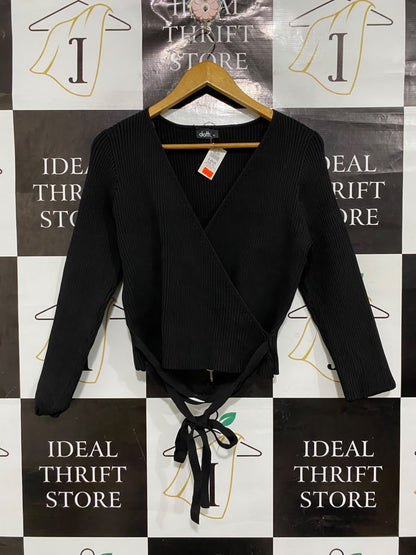 DOTTI |XL | BUST 18 |A71 |  BLACK RIBBED WRAP TIE-FRONT LONG-SLEEVE TOP