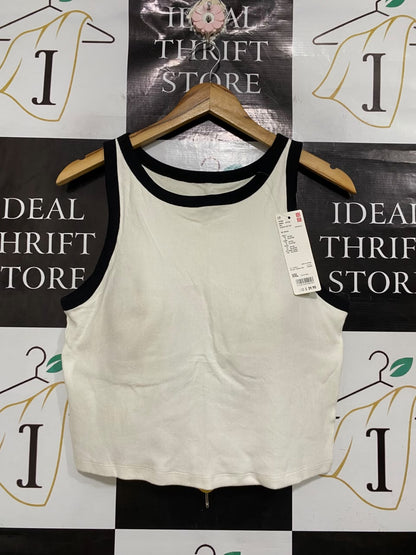 UNIQLO  |XL | BUST 18 |A71 | WHITE & BLACK CONTRAST TRIM RIBBED CROPPED BRA TOP