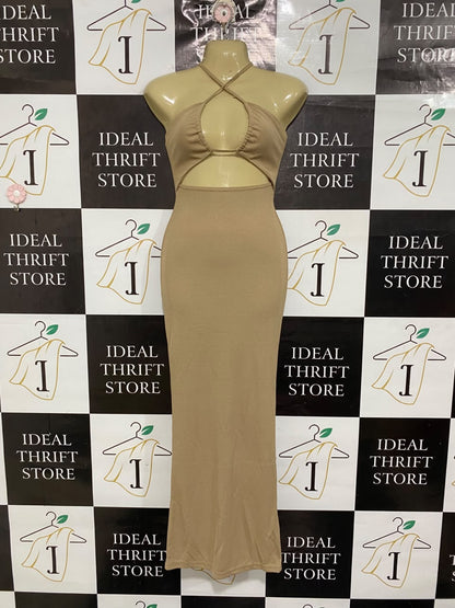 MESHKI |XS| BUST  |A71 |  BEIGE HALTER CUTOUT MAXI DRESS