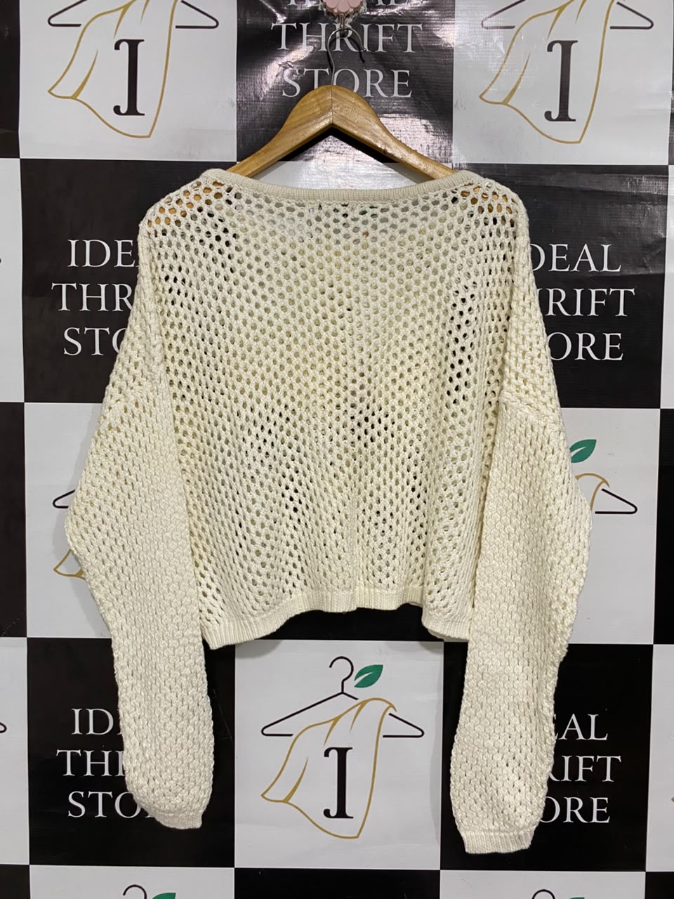 YOU  ALL |L | BUST 26 |A71 |  OFF-WHITE OPEN-KNIT MESH CROPPED SWEATER