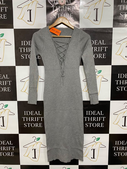 DIVI DIVA |S | BUST 13 |A71 |  GREY LACE-UP FRONT KNIT MIDI DRESS