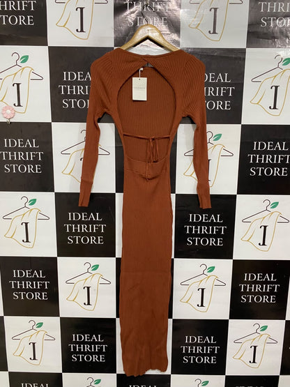 FRUNWAY  |L | BUST 12 |A71 | RUST BROWN RIBBED CREW-NECK LONG-SLEEVE MIDI DRESS