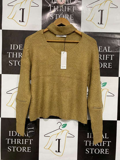 STORETS |M | BUST 22 | A71 |  MUSTARD CHOKER-NECK ZIP-SLEEVE KNIT SWEATER