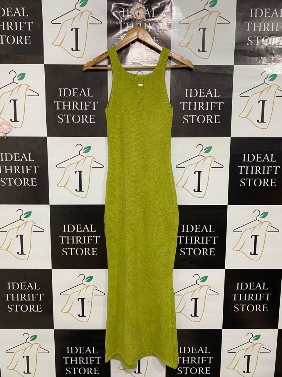 GHANDA  |S | BUST 12| A71 | LIME GREEN OPEN-KNIT SLEEVELESS MAXI DRESS