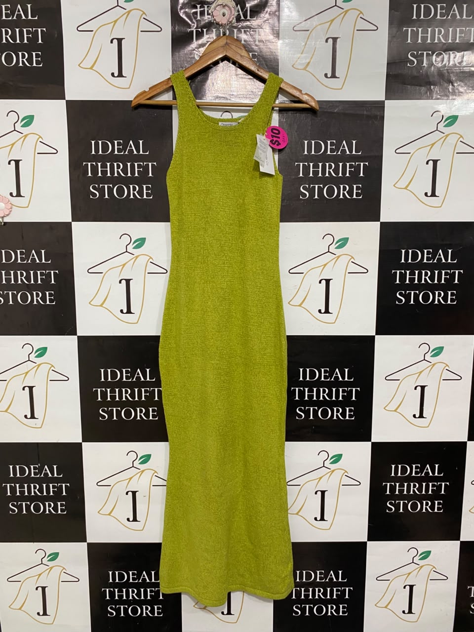GHANDA  |S | BUST 12| A71 | LIME GREEN OPEN-KNIT SLEEVELESS MAXI DRESS