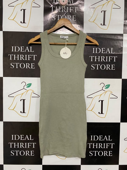 ALLY.  |S | BUST 12 | A71 | SAGE GREEN RIBBED SCOOP-NECK SLEEVELESS MINI DRESS