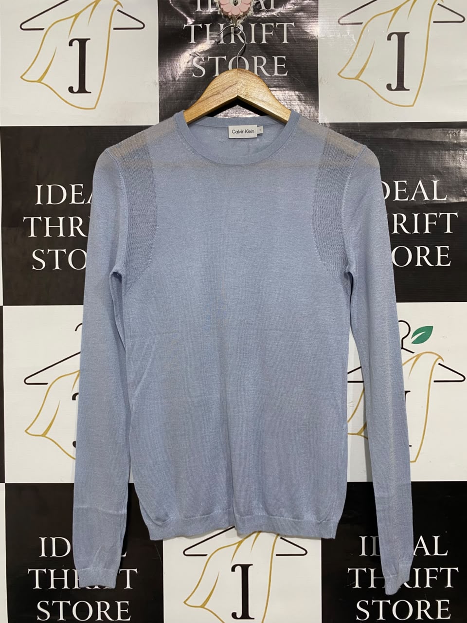 CALVIN KLEIN  |S | BUST 17 | A71 | LIGHT BLUE CREW-NECK LONG-SLEEVE KNIT SWEATER