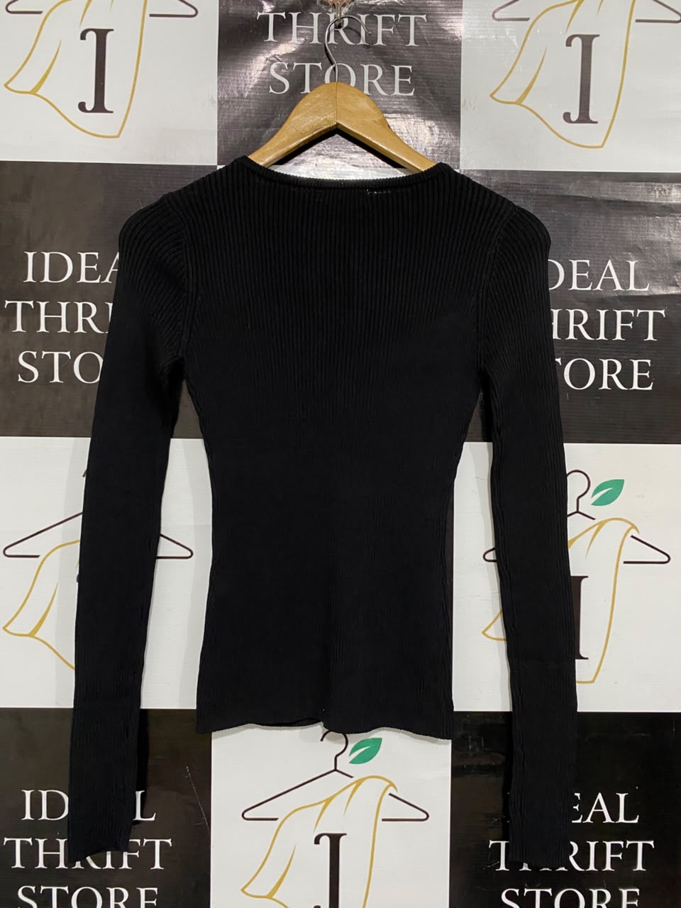 GLASSONS |M | BUST 13| A71 |  BLACK RIBBED ZIP-FRONT KEYHOLE LONG-SLEEVE TOP