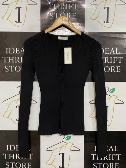 GLASSONS |M | BUST 13| A71 |  BLACK RIBBED ZIP-FRONT KEYHOLE LONG-SLEEVE TOP