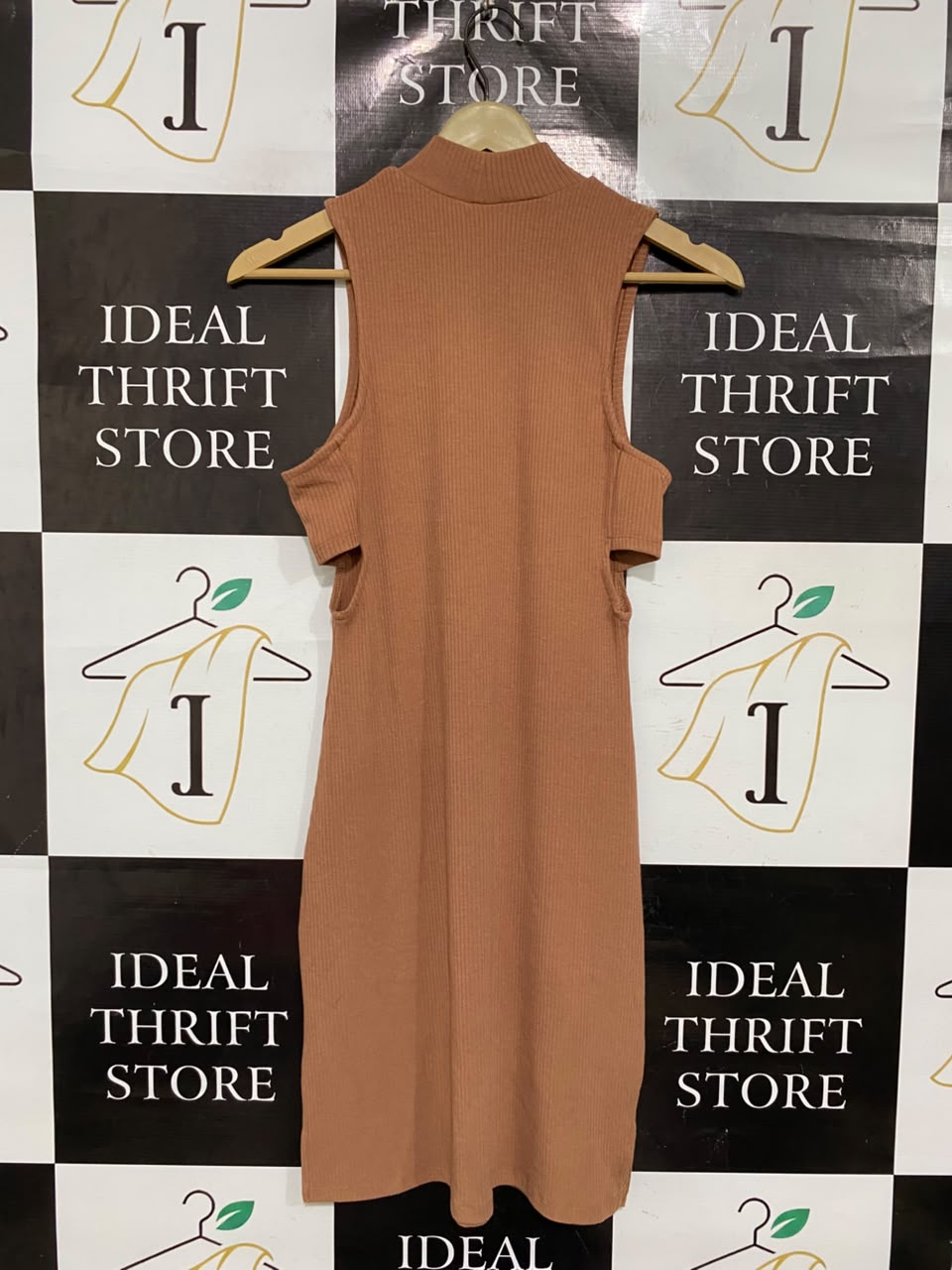 COTTON ON  |S | BUST 15| A70 | CARAMEL BROWN RIBBED MOCK-NECK SLEEVELESS MINI DRESS