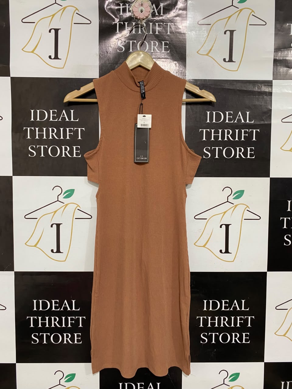 COTTON ON  |S | BUST 15| A70 | CARAMEL BROWN RIBBED MOCK-NECK SLEEVELESS MINI DRESS