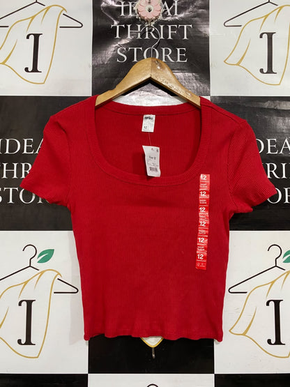 ANKO | M| BUST 15| A70 |  RED RIBBED SCOOP-NECK SHORT-SLEEVE TOP